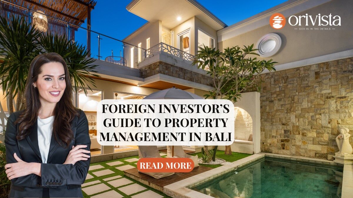 Professional guide for foreign investors on Bali property management, shown with luxury villa and businesswoman.